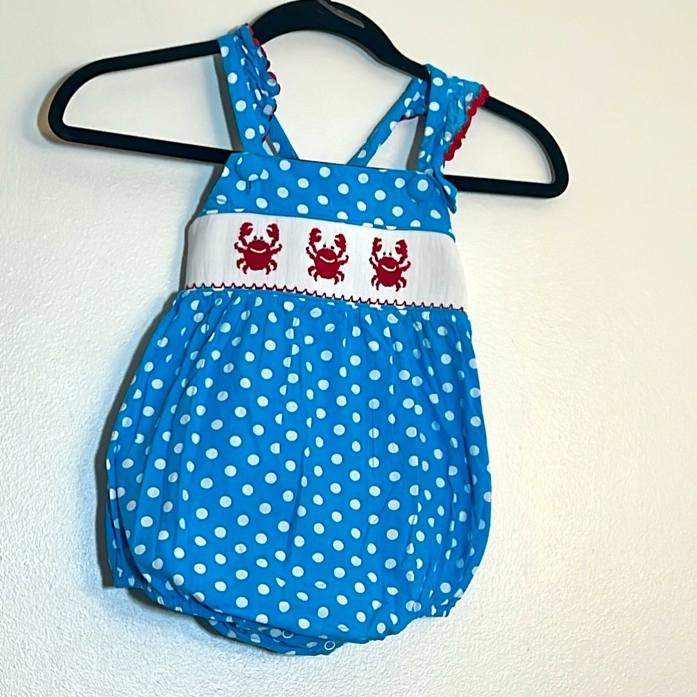 Smocked Auctions Polka Dot Crab One Piece Romper 3T